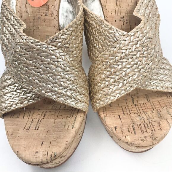 Nine West Gold Weave Crisscross Cork Wedge Sandals NEW - Picture 9 of 14